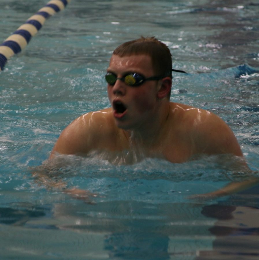 Senior Brian Lindahl swims the breaststroke in warm up before a meet. This will be Lindahls final conference of his high school career. He will also swim at the State meet. Photo by Kim Feenstra