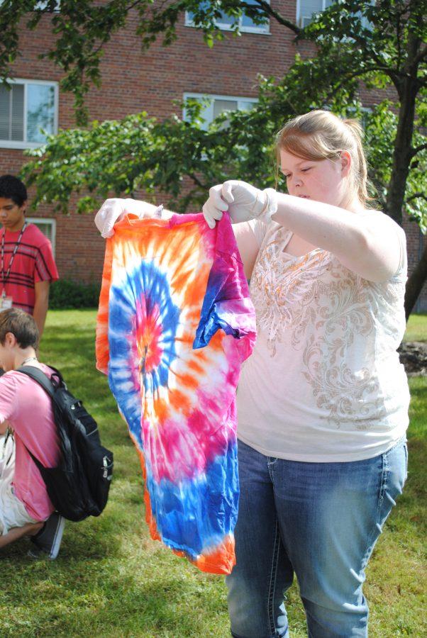 Photo by Jordan Liddle 
Sarah Stevens, a second year MIPA student was in the advanced indesign class. Stevens participated in tie-dying an official MIPA Learn it, Live it, Love it t-shirt.