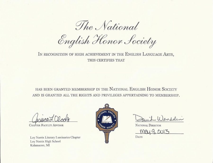 This is a certificate given to members of the National English Honor Society. The new members were given this certificate along with a flower at their induction. 