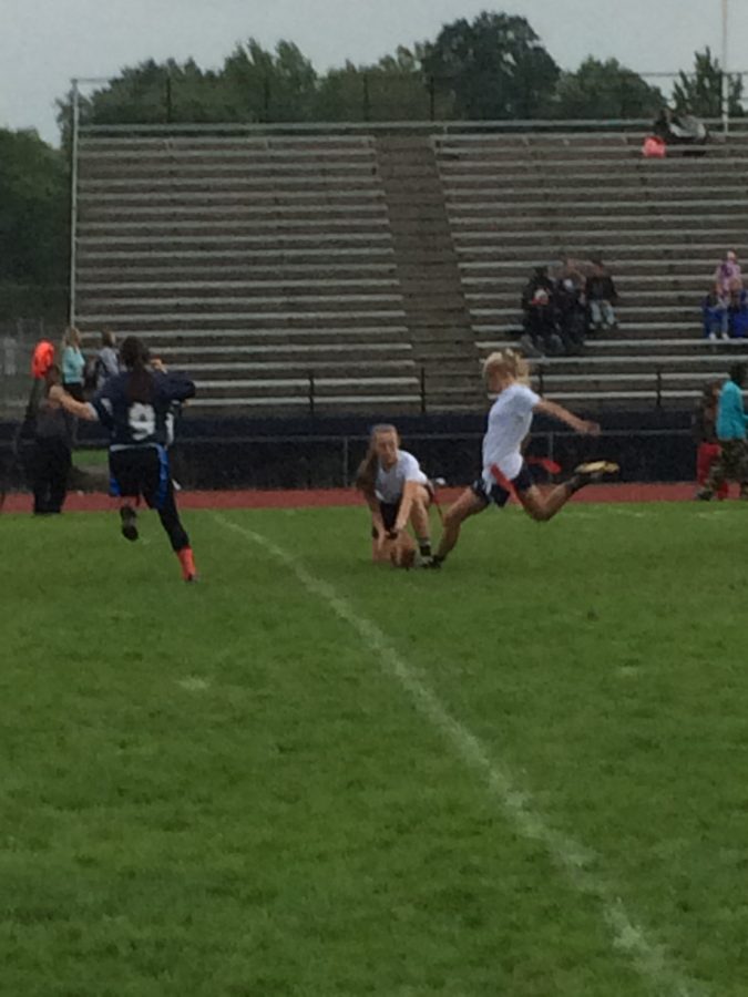 Junior Grace Labide kicks her second field goal of the game. Her first kick was an extra point, worth 2 points in Powderpuff.