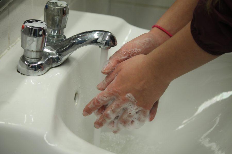 Senior Claire VanderVelden washes hands through for 30 seconds to kill germs.
Photo Credit/ Ana Vanegas