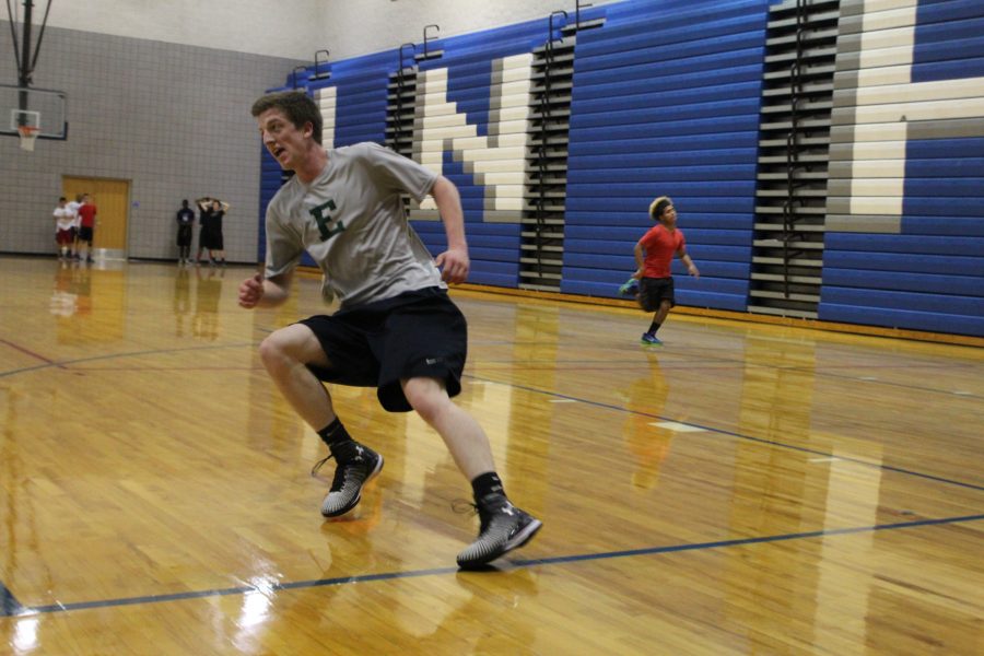 Senior Grant Mitchell runs during this seasons basketball tryouts. This years tryouts are even more competitive due to past success. Photo Credit: Paul Vallier