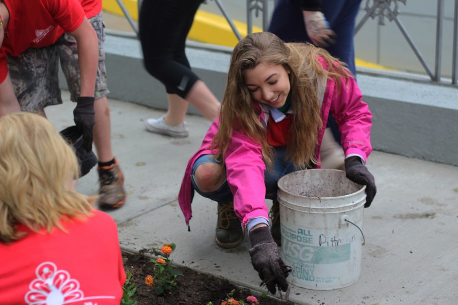 Senior Nora Hilgart-Griff smiles as she helps beautify downtown Kalamazoo.  This annual tradition would not be possible without the help of so many volunteers like her. Photo Credit / Rachel Zook