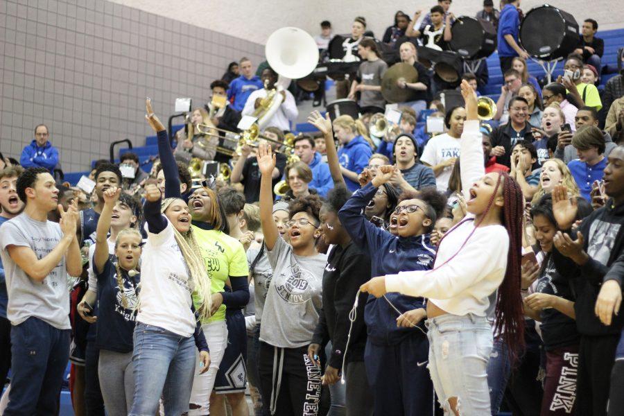 LN’s senior section screams the school fight song trying to beat the other classes at being the loudest. Seniors won the contest. 
