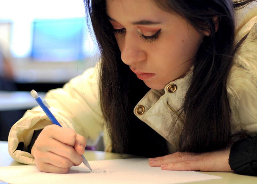 Jaylene Ballesteros, a sophomore at Loy Norrix High School, sketches during some down time in class. Drawing has been a passion of hers since middle school, and has been perfecting her art skills for many years.
Photo Credit: Kinsey Skjold