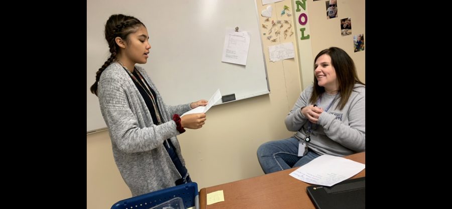 Sophomore+Myah+Walker+has+decided+to+meet+with+Spanish+teacher+Linsey+Bain+in+the+morning.+Walker+has+questions+on+a+story+she+wrote+so+she+decided+to+go+to+Mr.+Bain+to+read+the+story+to+her%2C+because+she+trusts+her.+