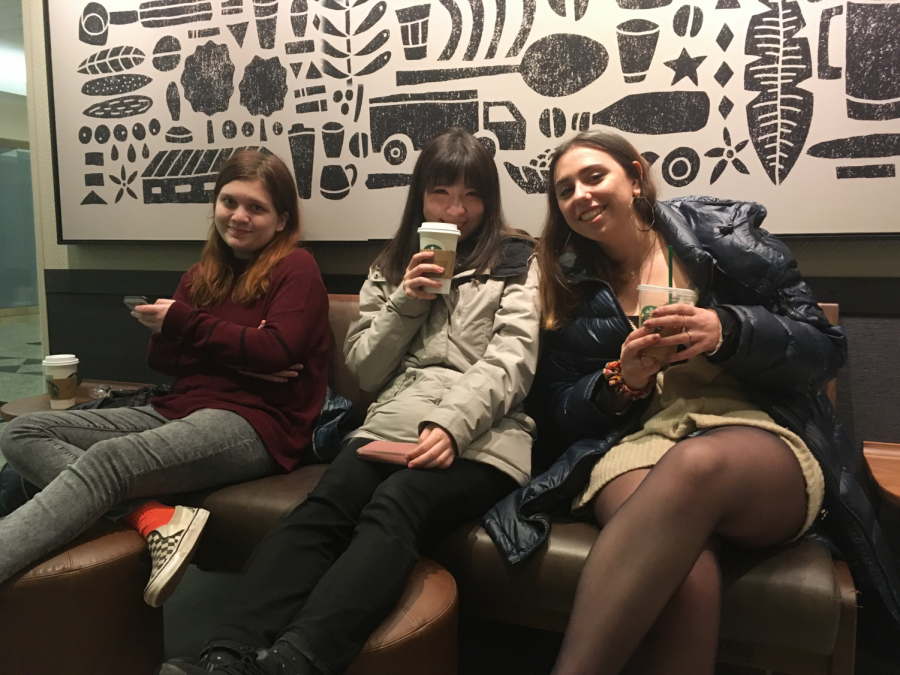 Jeanie Gould-McElhone, Mizuka Fugi and Paula Montoro-Aragon have Starbucks together. Fugi came back to Kalamazoo in February of 2019.