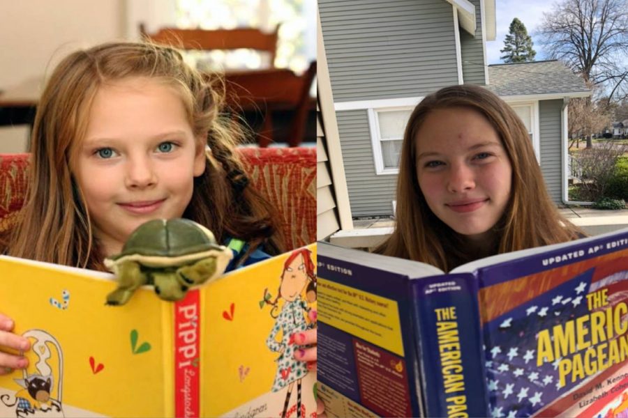On the left, Mara Vander Beek reading Pippi Longstocking in 2012. On the right, Vander Beek reading her history textbook in 2020. 