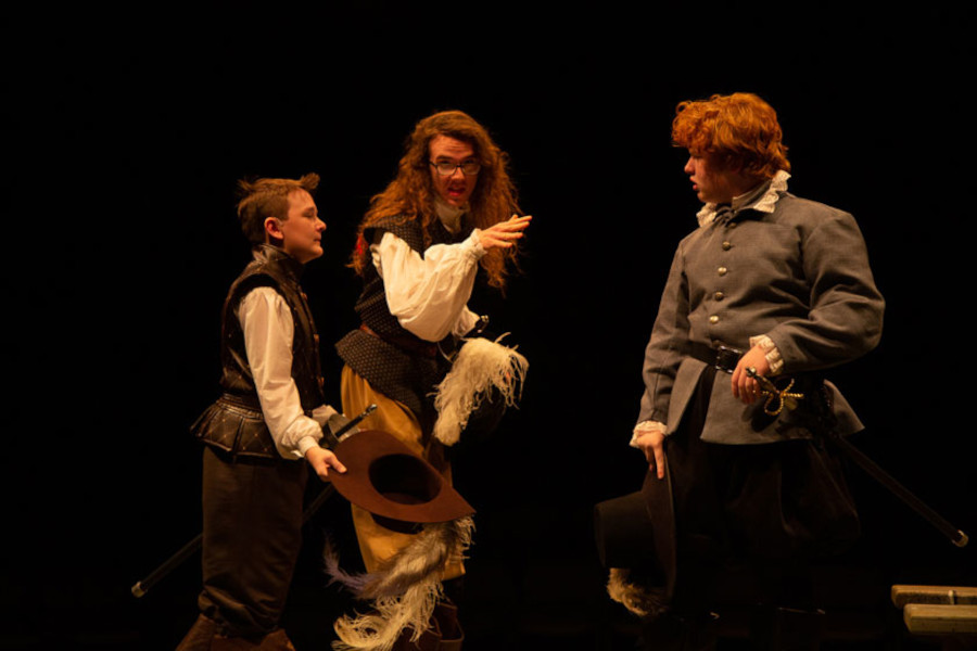 (Left to right) Elias Nagel-Bennett, playing Treville, inducts DArtagnan played by Max Butkiewicz into the Musketeers. The production of the Three Musketeers depicted was in 2019, in which Nagel-Bennett played Treville along with the Duke of Buckingham, marking his most recent performance at the Kalamazoo Civic.