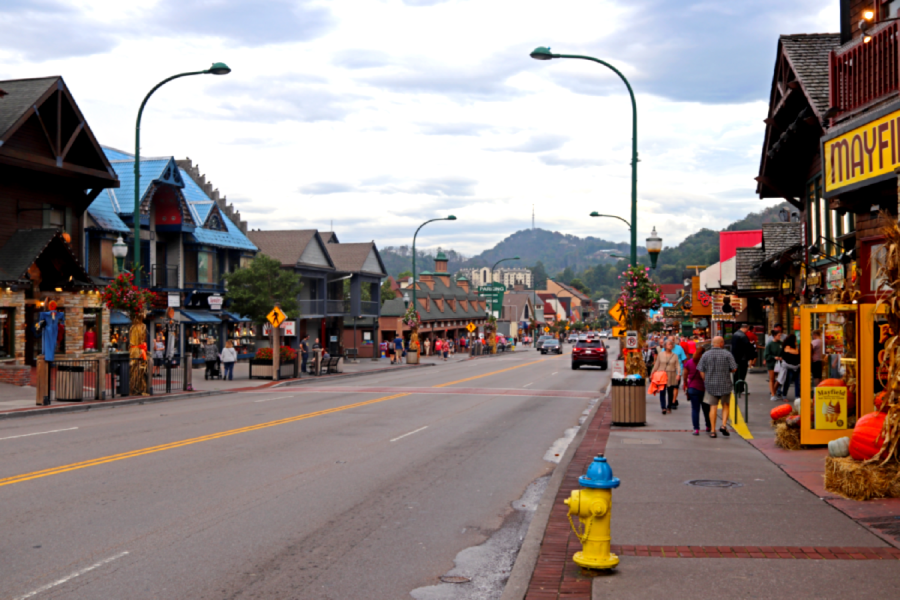 Picture taken in downtown Gatlinburg while people are outside enjoying the cool fall breeze.