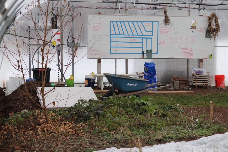The+crops+and+equipment+in+the+Hoop+House+are+protected+from+the+weather+in+the+greenhouse+structure%2C+due+to+this%2C+the+Hoop+House+can+continue+to+grow+food+and+hold+events+into+the+winter.+The+white+board+is+used+as+a+calendar+for+events+and+dates+along+with+holding+important+information+about+the+garden.%0A