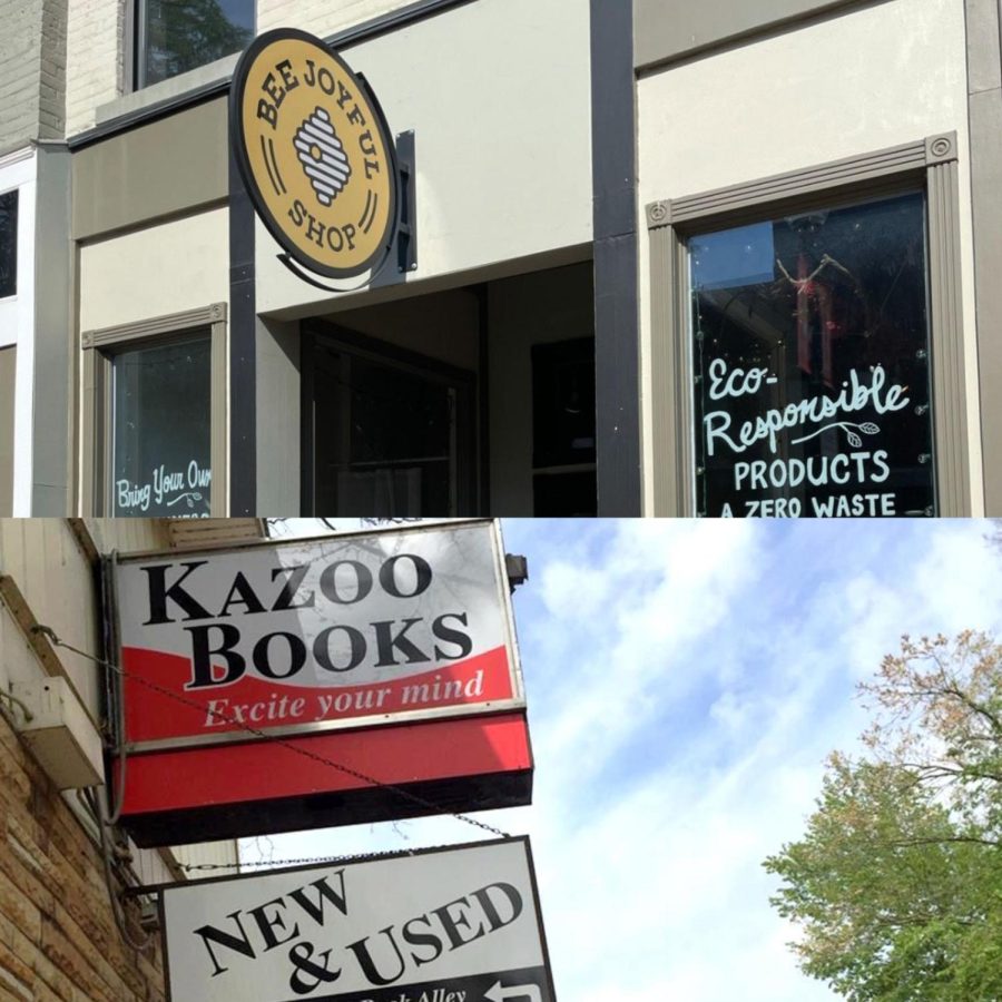 (Top) The subtle comparison between the bright yellow of the Bee Joyful logo against the soft gray of the building has an inviting and comforting effect on potential customers. (Bottom) The two buildings which combine to create Kazoo Books are connected by the familiar black, white, and red logo. 
