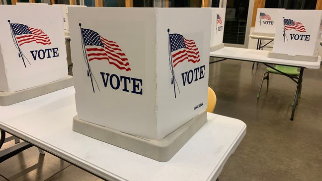 A voting booth in Kalamazoo, Michigan set up in preparation for the 2020 election. 