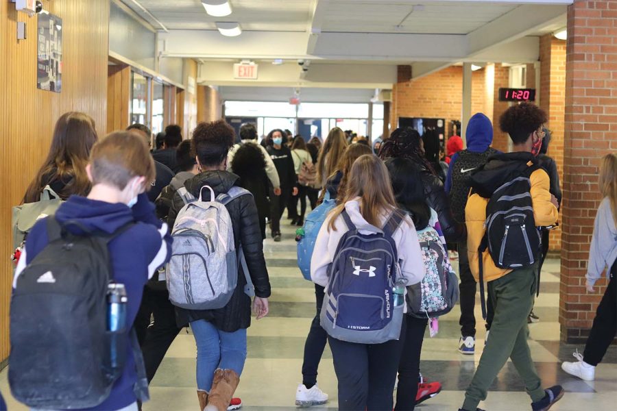 Loy Norrix students in the main hallway heading to their respective third periods. 