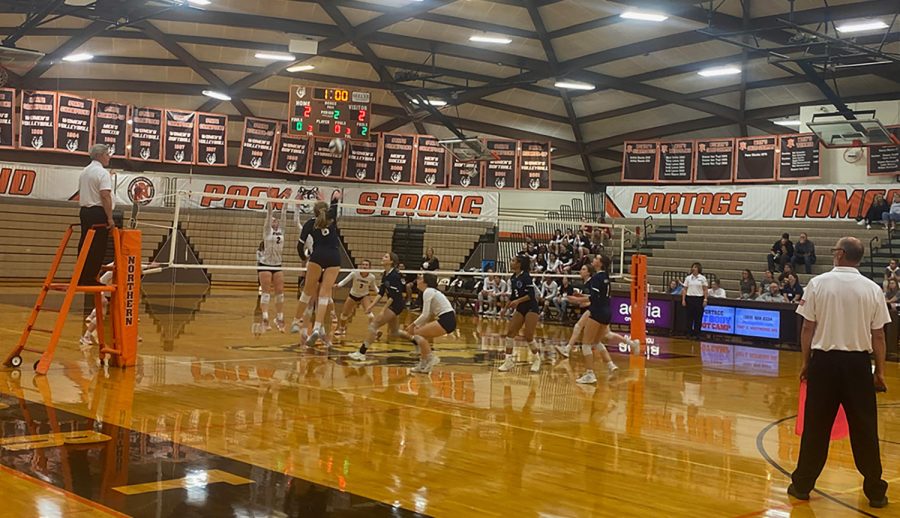 Four year varsity, outside hitter, and senior Gracie Goschke goes for a spike to take the lead against Strurgis. Scoring the point put the Knights at a 3-2 lead in the third and final set.