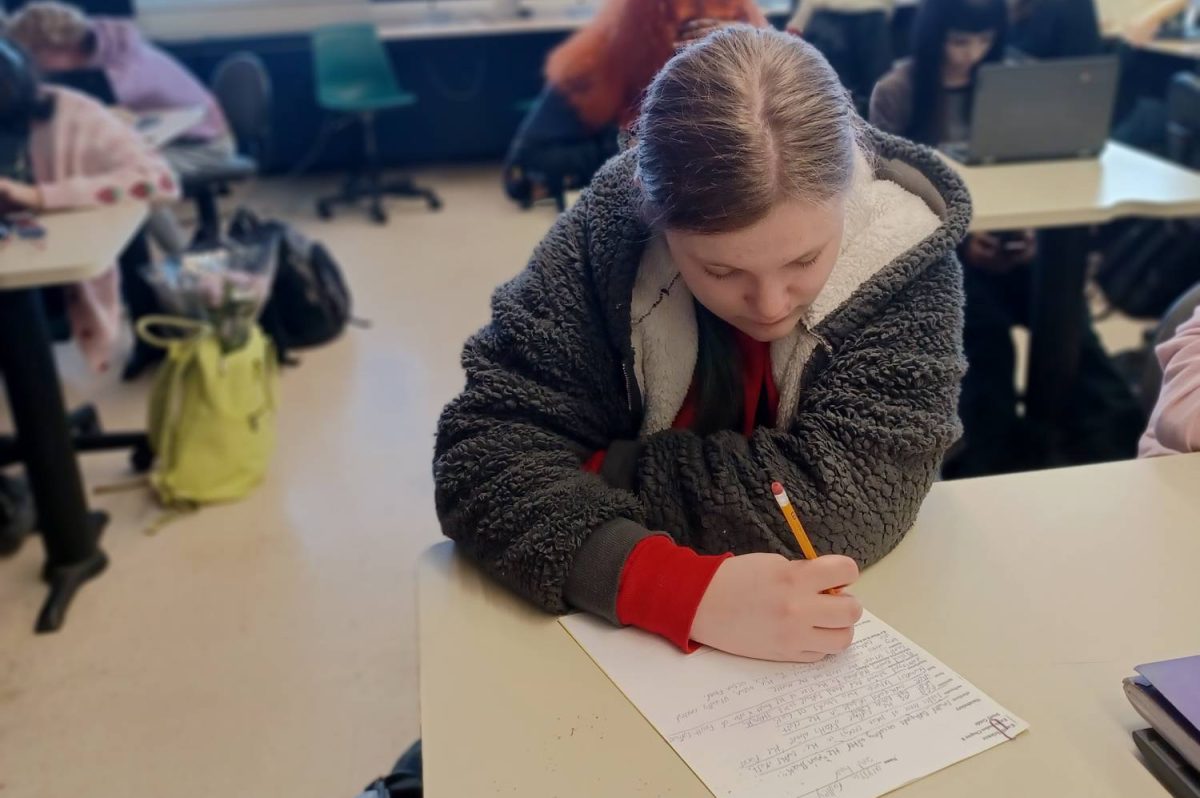 Sophomore Faye Radley works on a study guide for one of their classes. Some students find that they have time to work during their classes, but others do not. 