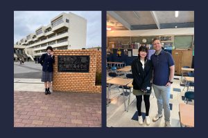 Photo Illustration. Left: Naoke Isobe poses in front of her high school in Japan, the Matsudo Kokusai high school (Credit: Akiyo Asobe). Right: Isobe poses with social studies teacher Kyle Shack at Loy Norrix High School, in Kalamazoo, Michigan (Credit: Sean Bergan).