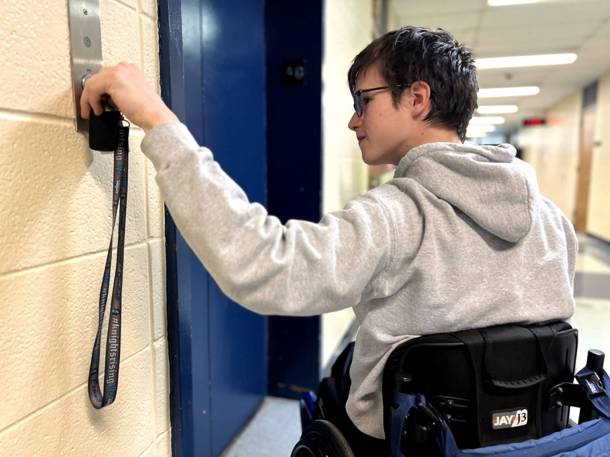 Junior Xander Frost uses his key to open the K-wing elevator. When the J-wing elevator is temporarily out-of-order, this is the elevator that Frost uses to reach the second floor of the building, as it tends to be more reliable than its J-wing counterpart.
