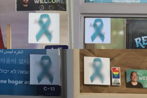 Photo Illustration. Teal ribbons, overlaid with the words "Safe2Tell," used to be posted in teachers' windows. Since the program will be renamed, however, the design for these ribbons will change.