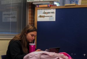 Sophomore Nariah Whitmore texts on her phone before class starts. Behind her is a diagram posted up on the wall of two machine guns. “The posters are there because I teach American Military History, and I refer to those posters from time-to-time during classroom discussions, as they depict military significant firearms carried by U.S. forces or our enemies,” social studies teacher Michael Wright said.