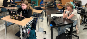 Juniors Clementine Trost-Bailey (left) and Harper Gorman (right) work in class. Both students have to work very hard in order to be ready to graduate early.