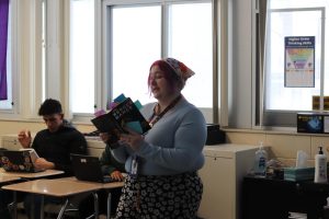 English 9 teacher Josie Pike reads “The Hunger Games” to her fourth period class in B20. She’s seen as a safe space for students to vent their frustrations and stresses.