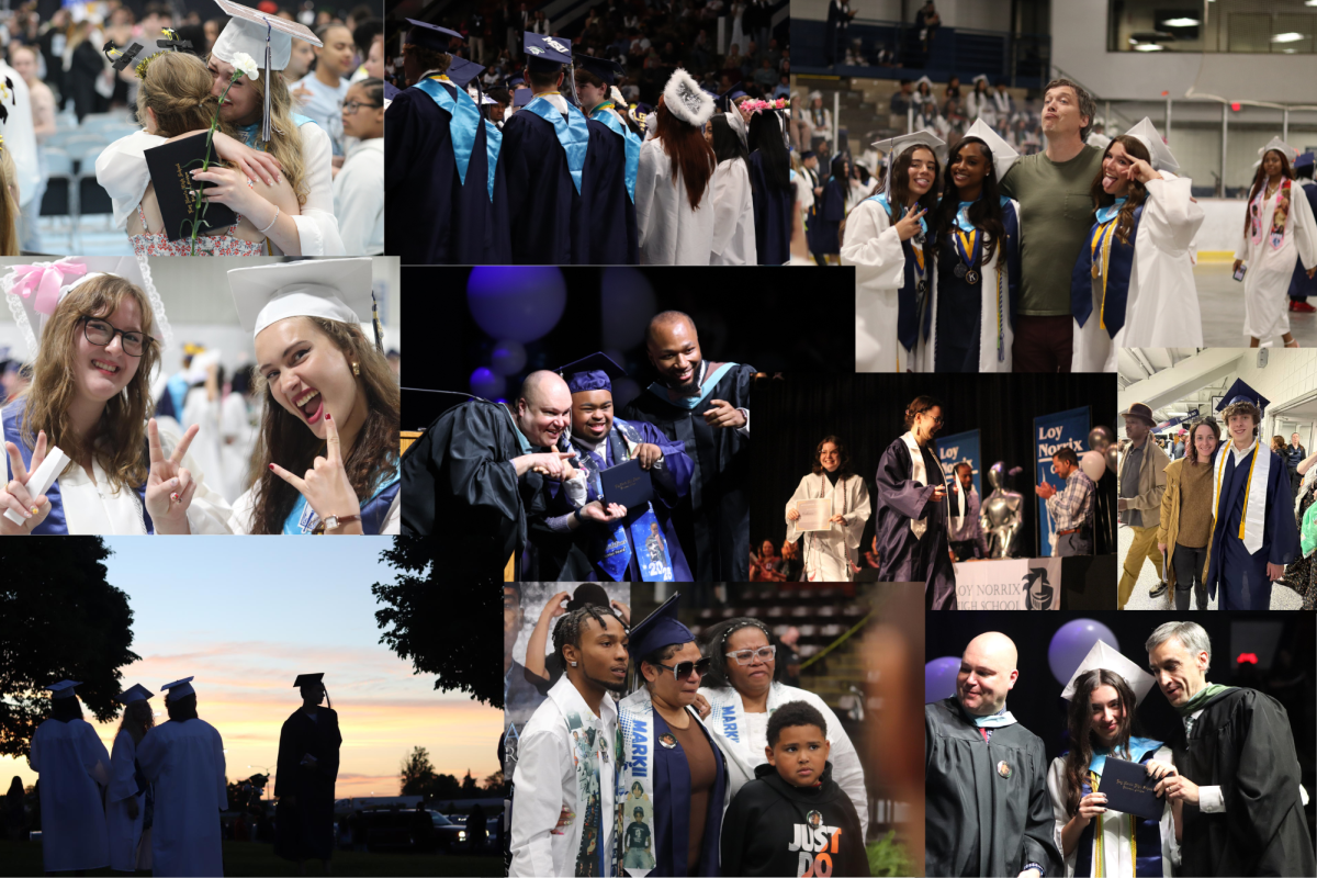 A collage of photos features the previous graduating class of seniors. 
